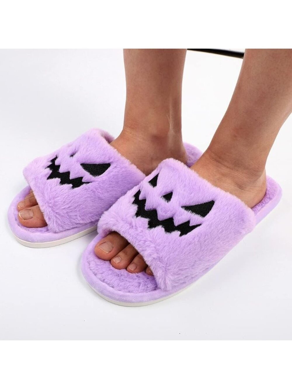Unisex Purple Halloween Indoor Outdoor Open Toe Spooky Slides Fuzzy Slippers - Picture 3 of 7